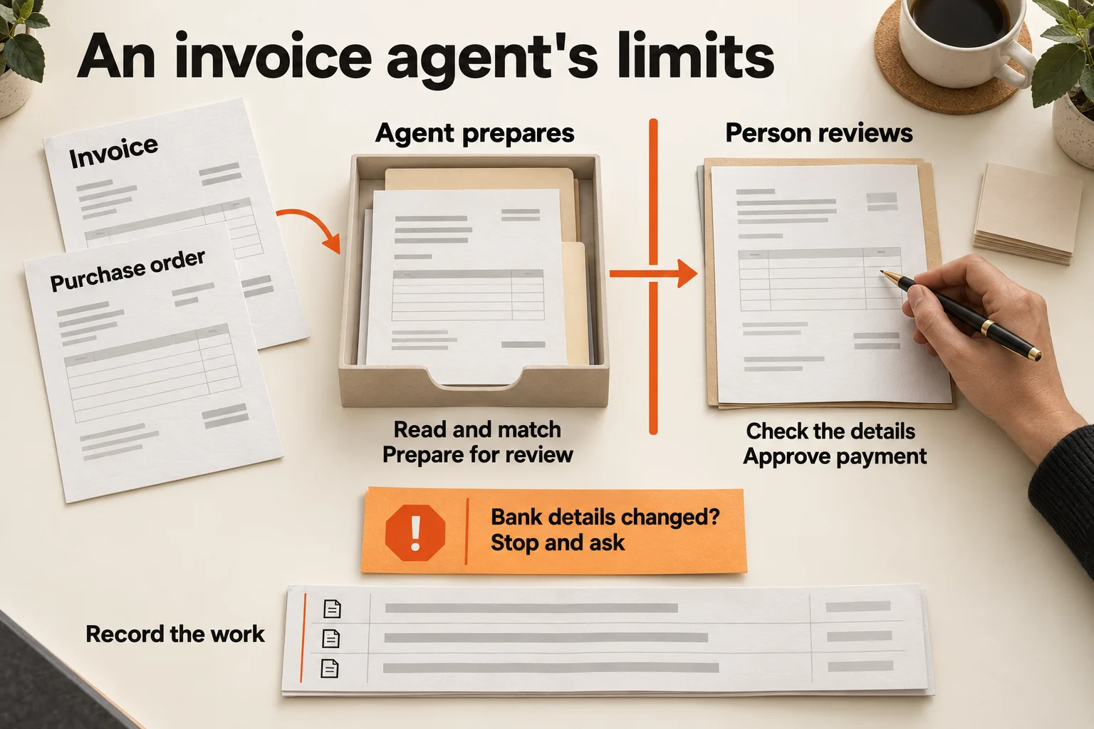 An invoice and purchase order enter an agent's preparation tray. A person reviews the paperwork and approves payment. Changed bank details trigger a stop, and the work is recorded.
