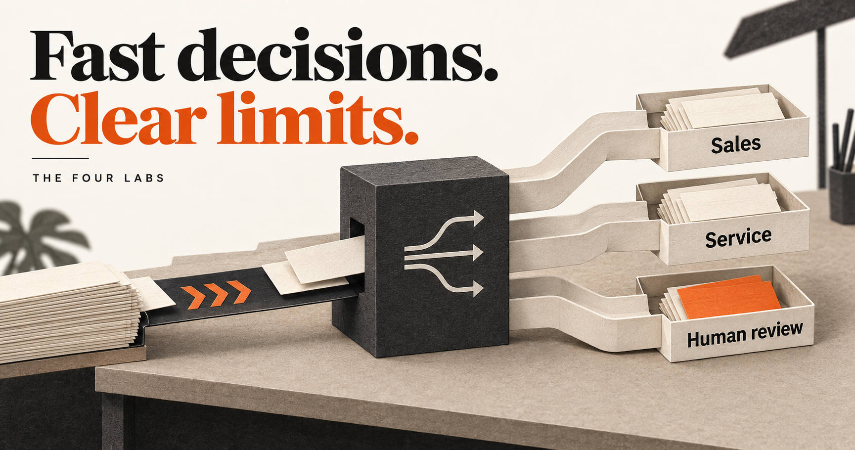 Paper messages pass through a decision gate into Sales, Service and Human review trays, under the headline Fast decisions. Clear limits.