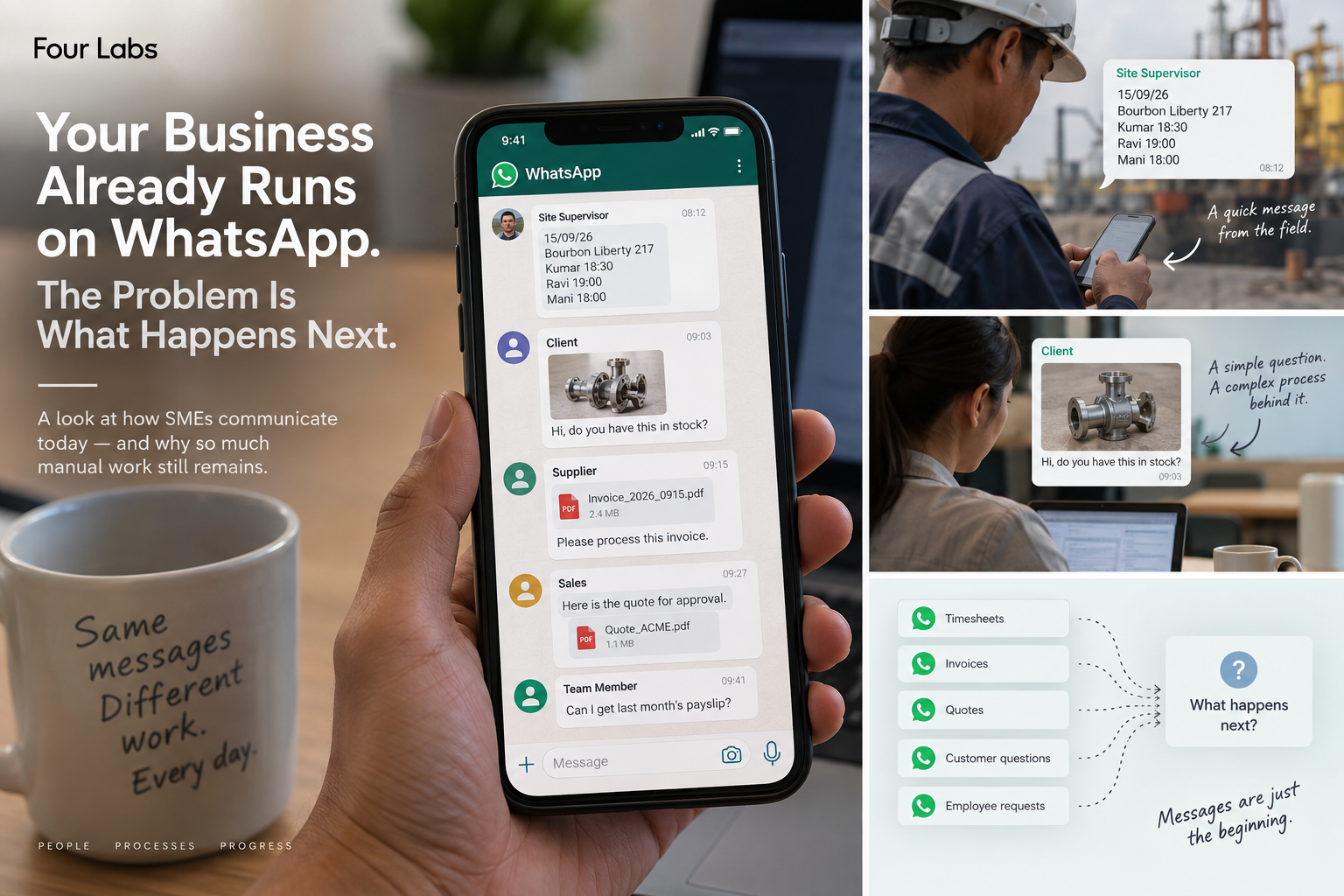 Editorial collage of WhatsApp timesheets, a product photo, an invoice and a quotation, alongside a site supervisor and office worker.